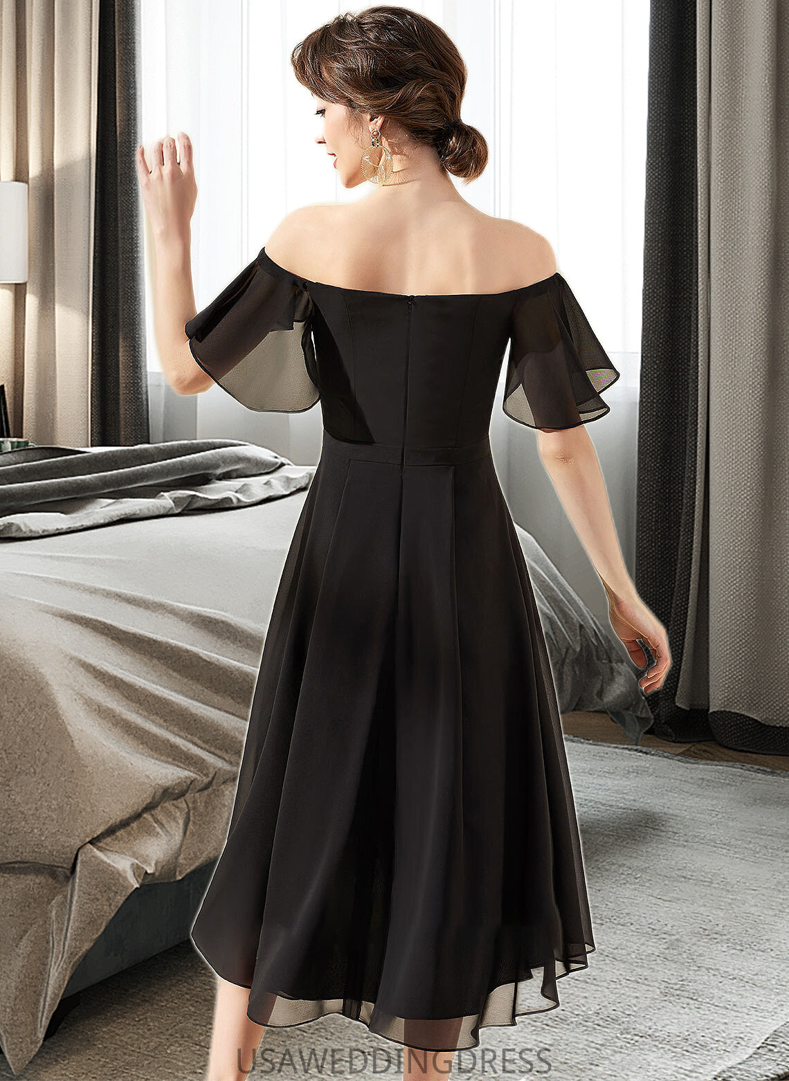 Micaela A-Line Off-the-Shoulder Asymmetrical Chiffon Bridesmaid Dress With Cascading Ruffles DSP0013224