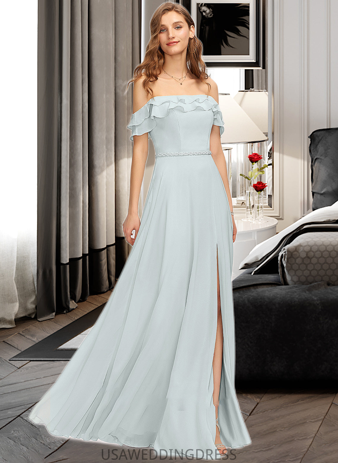 Kelsie A-Line Off-the-Shoulder Floor-Length Chiffon Bridesmaid Dress With Beading Split Front Cascading Ruffles DSP0013226