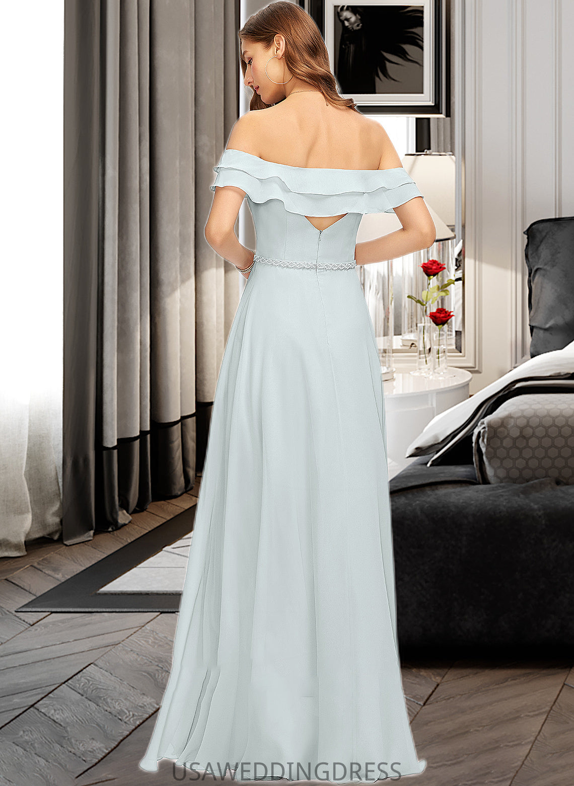 Kelsie A-Line Off-the-Shoulder Floor-Length Chiffon Bridesmaid Dress With Beading Split Front Cascading Ruffles DSP0013226