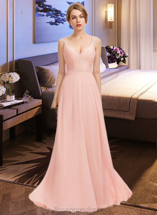 Katrina A-Line V-neck Floor-Length Chiffon Lace Bridesmaid Dress SRSP0013227