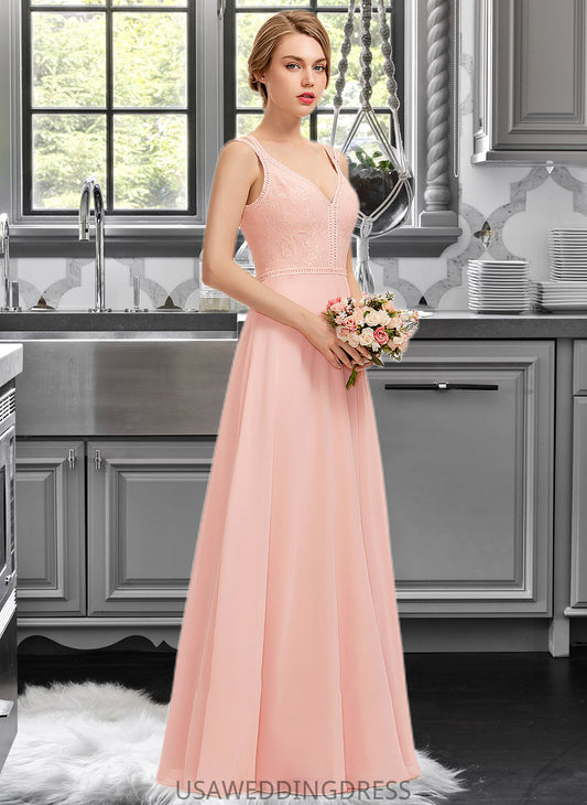 Nyasia A-Line V-neck Floor-Length Chiffon Lace Bridesmaid Dress DSP0013227