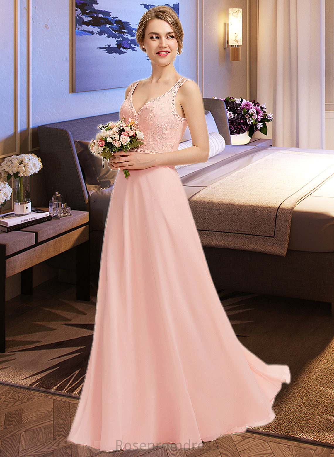 Katrina A-Line V-neck Floor-Length Chiffon Lace Bridesmaid Dress SRSP0013227