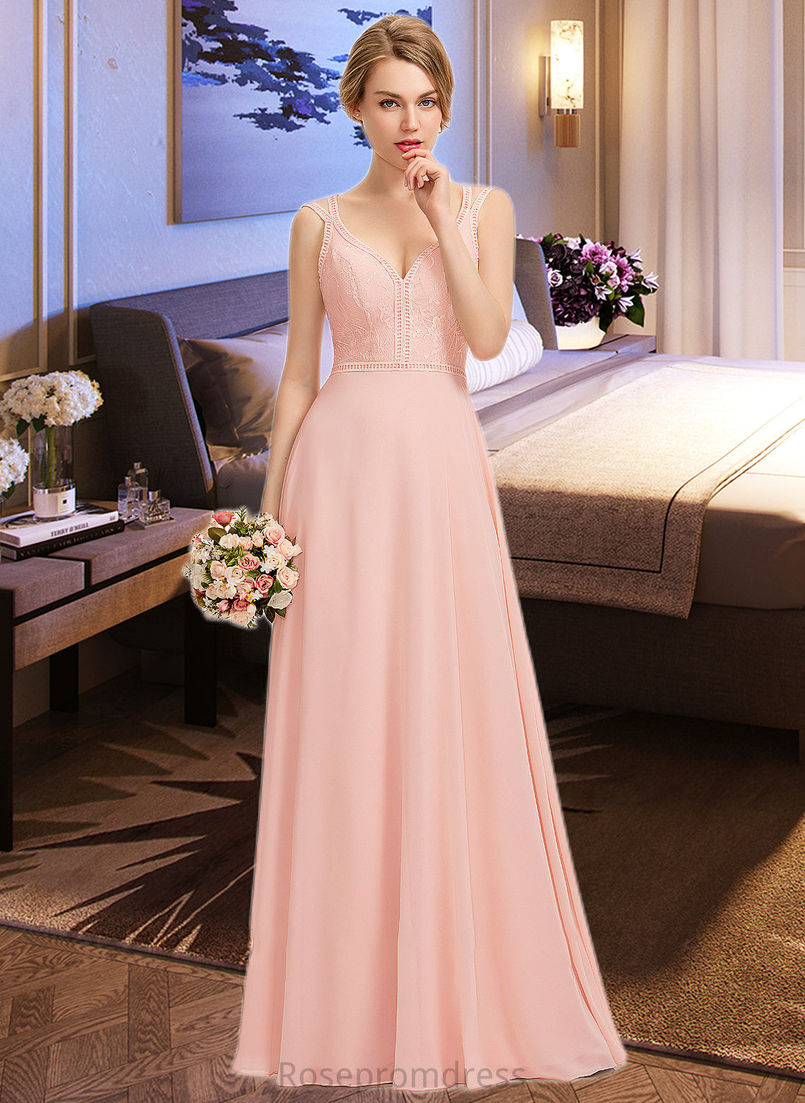 Katrina A-Line V-neck Floor-Length Chiffon Lace Bridesmaid Dress SRSP0013227