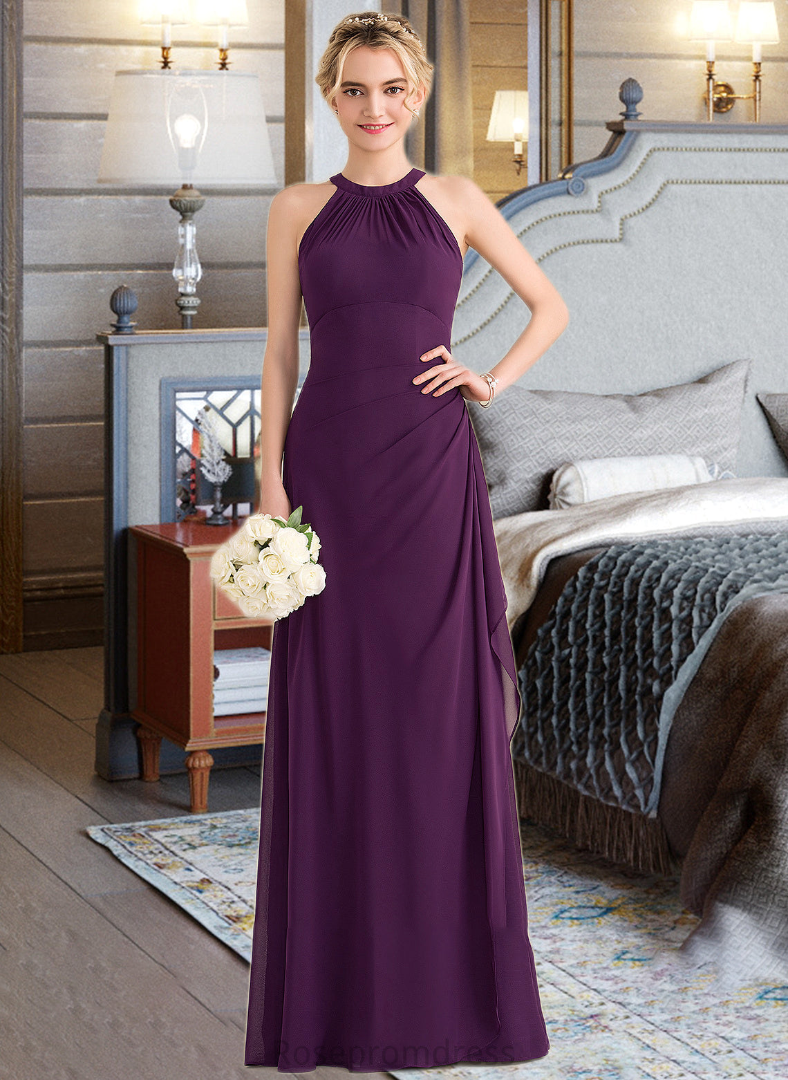Maci A-Line Scoop Neck Floor-Length Chiffon Bridesmaid Dress With Cascading Ruffles SRSP0013228