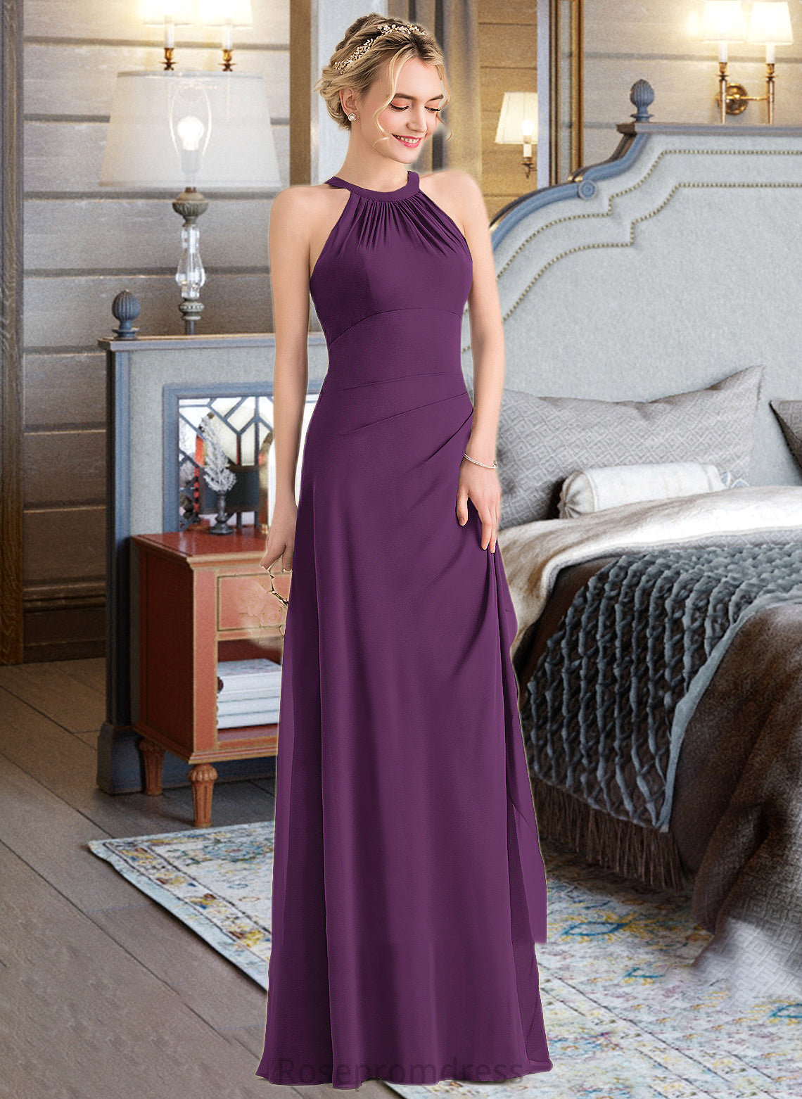 Maci A-Line Scoop Neck Floor-Length Chiffon Bridesmaid Dress With Cascading Ruffles SRSP0013228