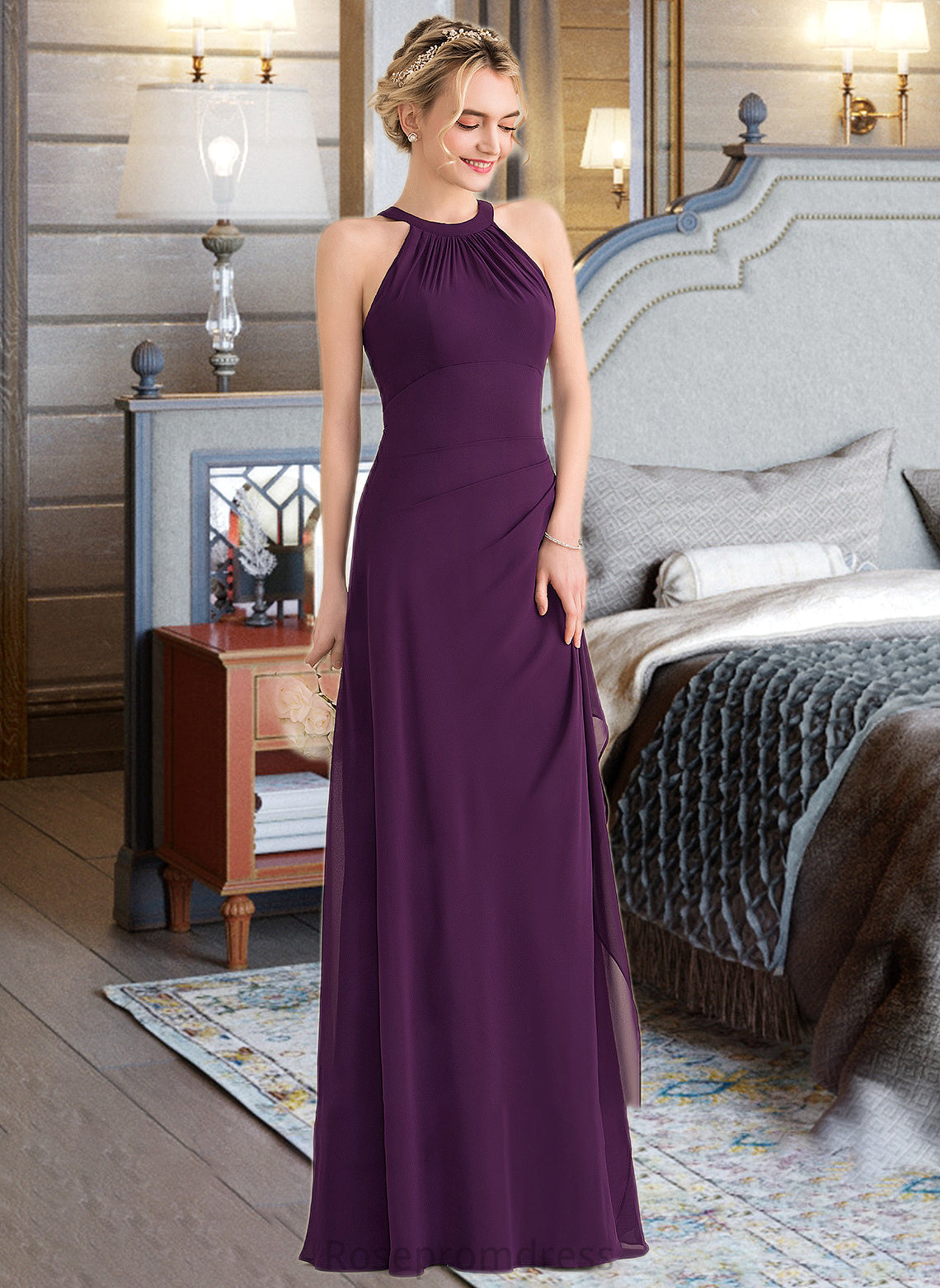 Maci A-Line Scoop Neck Floor-Length Chiffon Bridesmaid Dress With Cascading Ruffles SRSP0013228