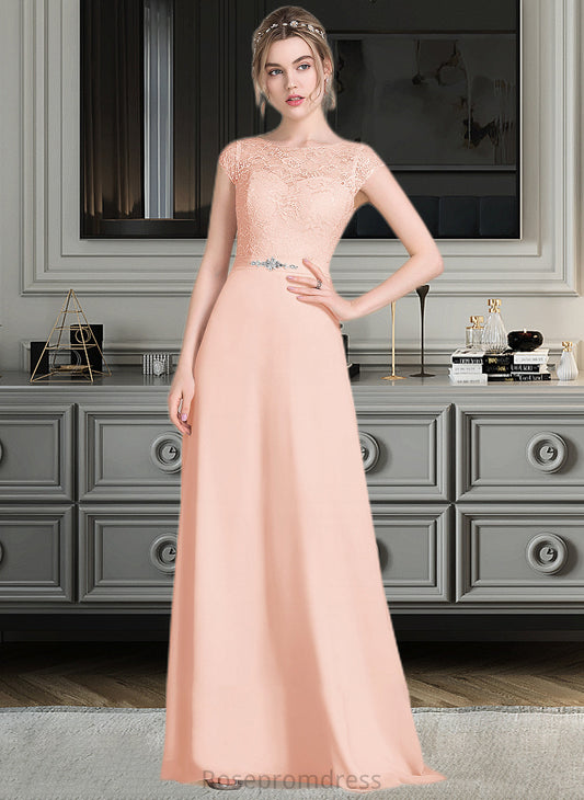 Sheila A-Line Scoop Neck Floor-Length Chiffon Lace Bridesmaid Dress With Beading Bow(s) SRSP0013229