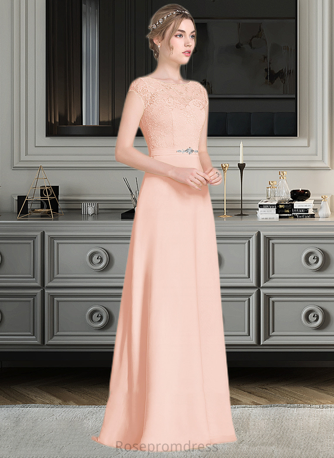 Sheila A-Line Scoop Neck Floor-Length Chiffon Lace Bridesmaid Dress With Beading Bow(s) SRSP0013229