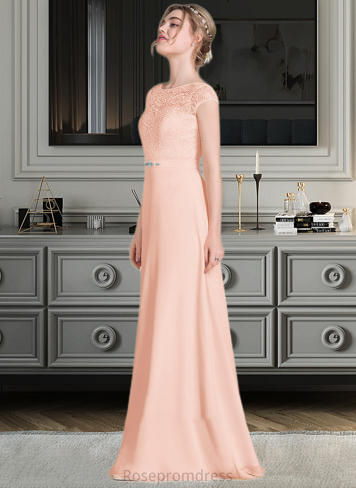 Sheila A-Line Scoop Neck Floor-Length Chiffon Lace Bridesmaid Dress With Beading Bow(s) SRSP0013229