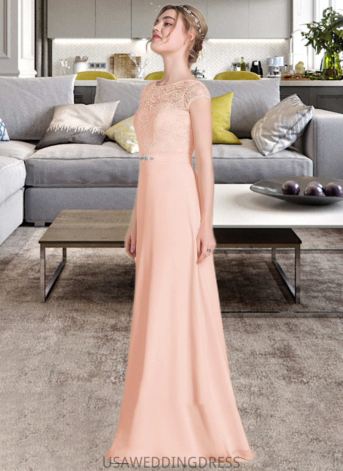 Belen A-Line Scoop Neck Floor-Length Chiffon Lace Bridesmaid Dress With Beading Bow(s) DSP0013229
