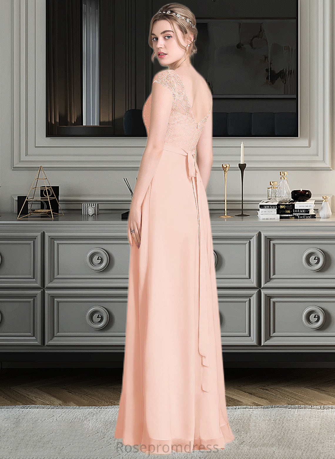 Sheila A-Line Scoop Neck Floor-Length Chiffon Lace Bridesmaid Dress With Beading Bow(s) SRSP0013229