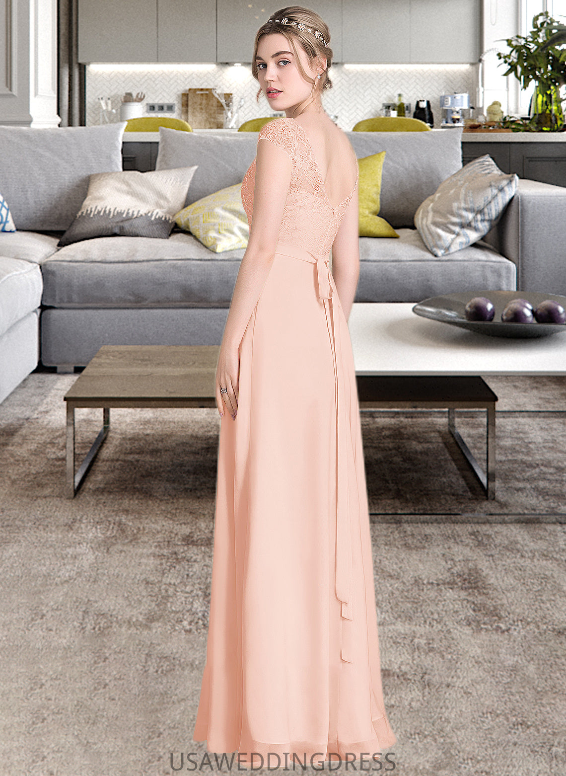 Belen A-Line Scoop Neck Floor-Length Chiffon Lace Bridesmaid Dress With Beading Bow(s) DSP0013229