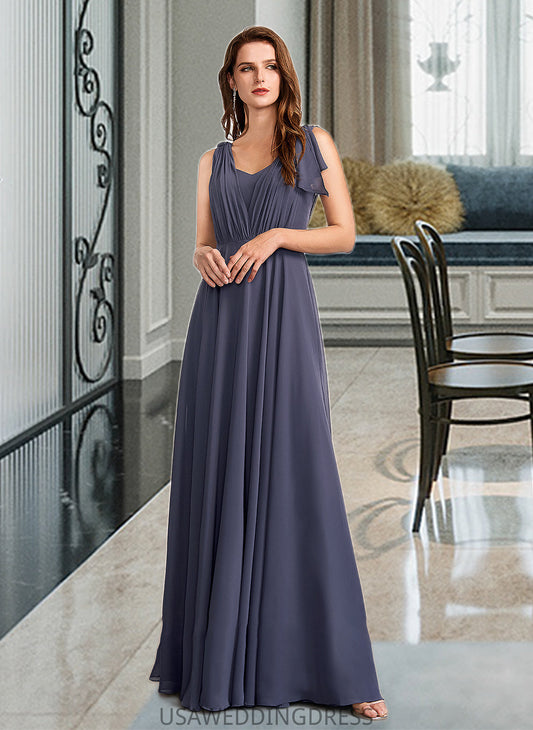 Caylee A-Line V-neck Floor-Length Bridesmaid Dress With Ruffle DSP0013230