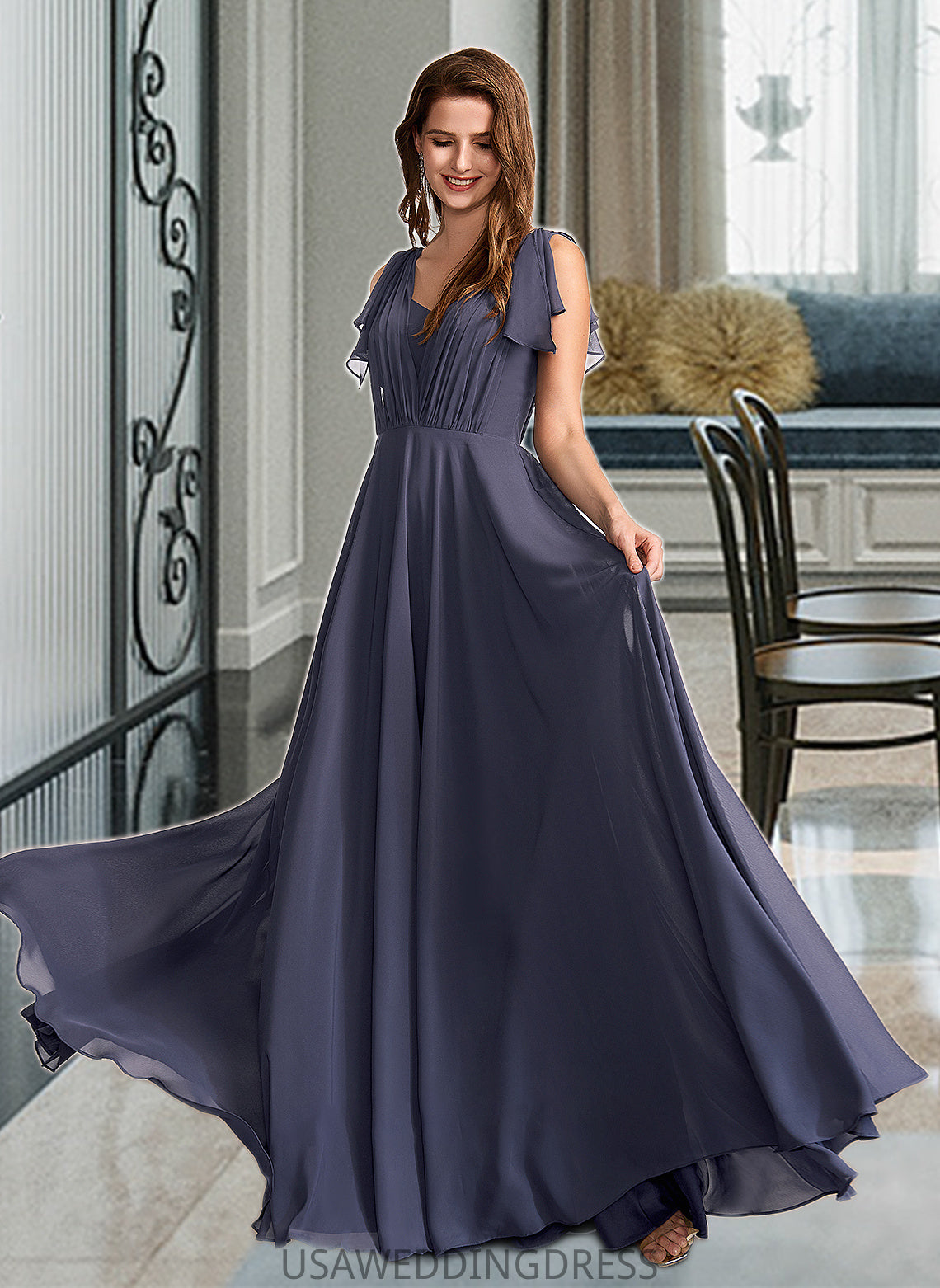 Caylee A-Line V-neck Floor-Length Bridesmaid Dress With Ruffle DSP0013230
