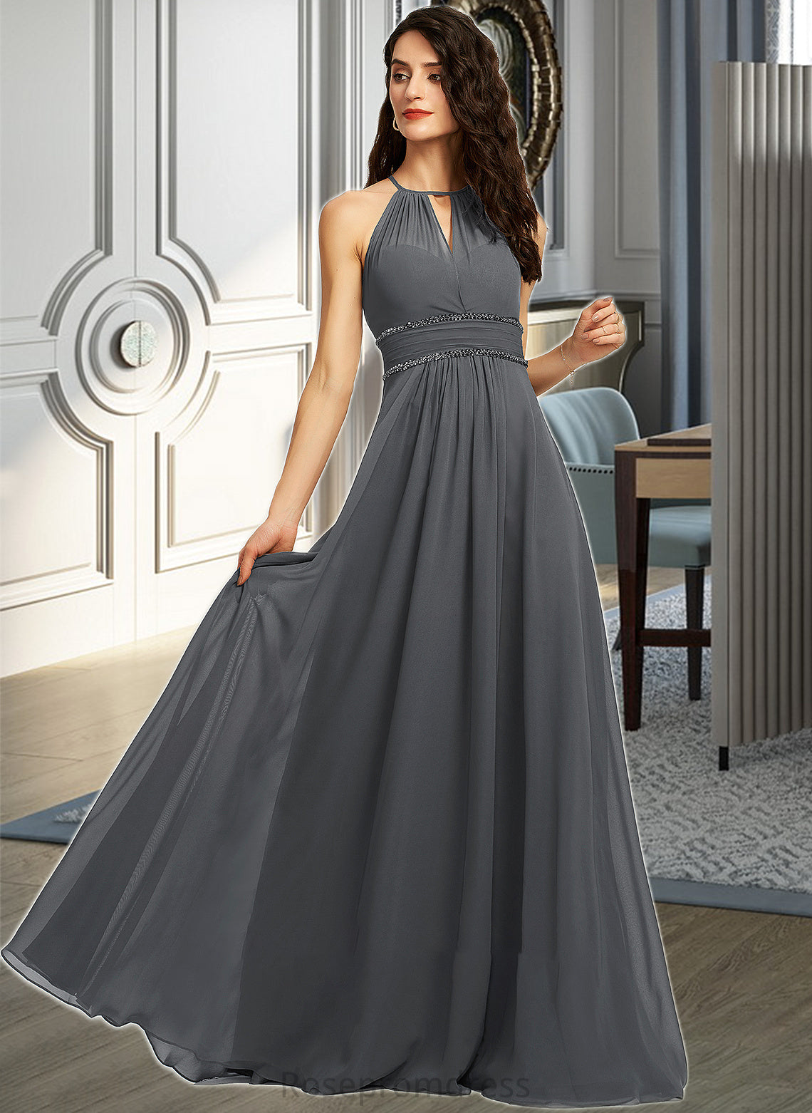 Eden A-Line Halter Floor-Length Chiffon Bridesmaid Dress With Ruffle Beading Sequins SRSP0013232