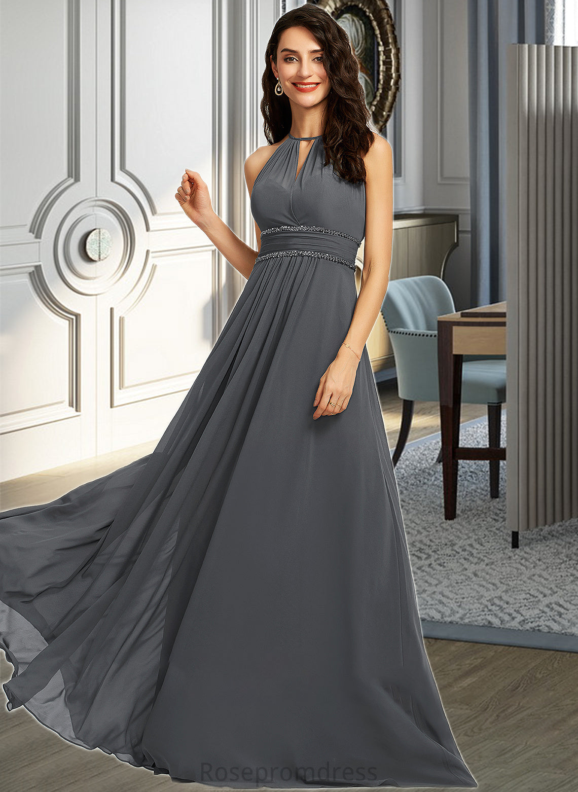 Eden A-Line Halter Floor-Length Chiffon Bridesmaid Dress With Ruffle Beading Sequins SRSP0013232
