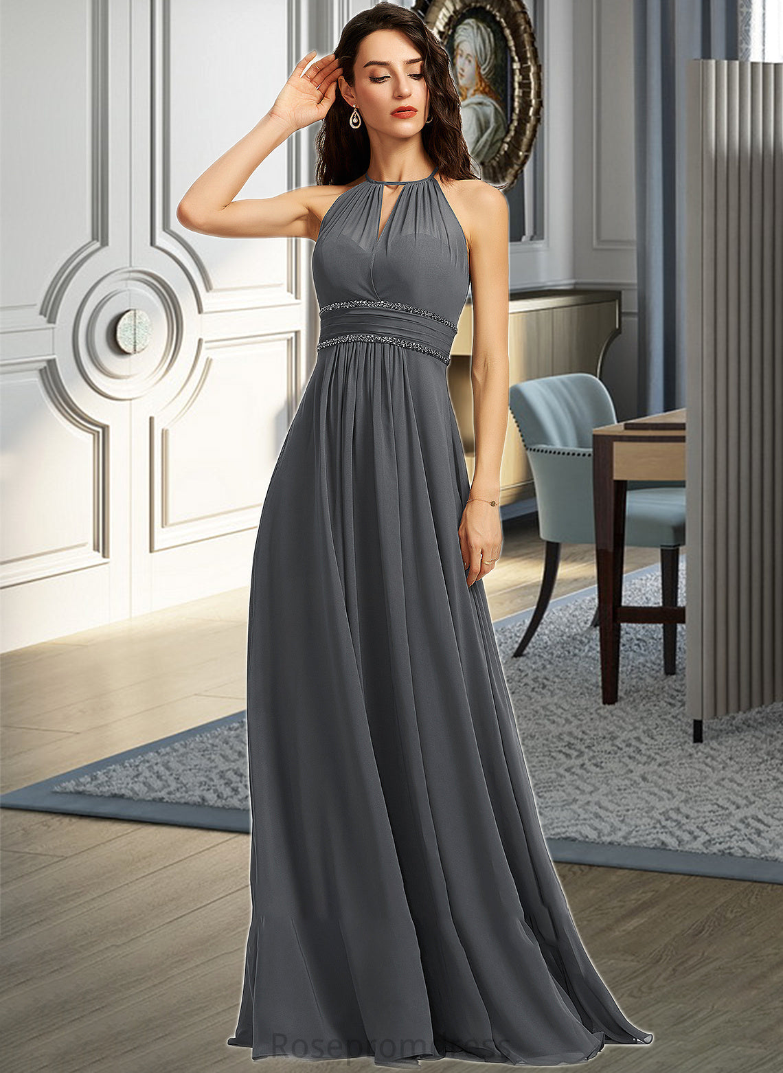 Eden A-Line Halter Floor-Length Chiffon Bridesmaid Dress With Ruffle Beading Sequins SRSP0013232