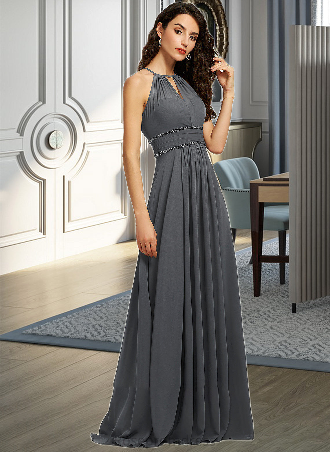Eden A-Line Halter Floor-Length Chiffon Bridesmaid Dress With Ruffle Beading Sequins SRSP0013232