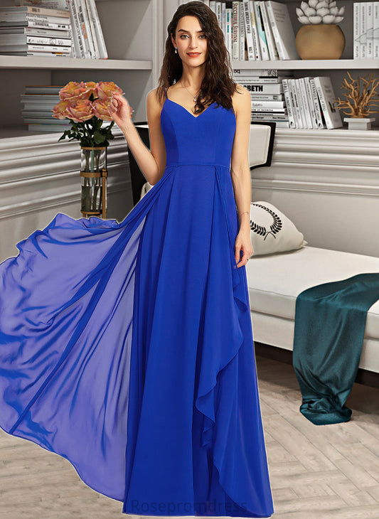 Miah A-Line V-neck Floor-Length Bridesmaid Dress With Ruffle SRSP0013233