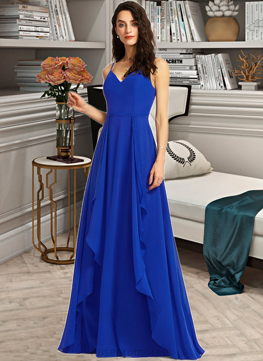 Miah A-Line V-neck Floor-Length Bridesmaid Dress With Ruffle SRSP0013233