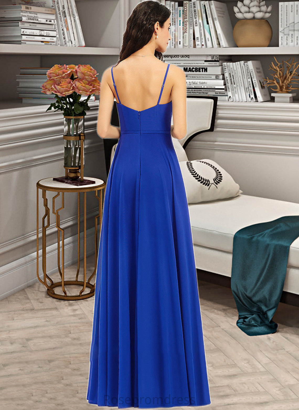 Miah A-Line V-neck Floor-Length Bridesmaid Dress With Ruffle SRSP0013233