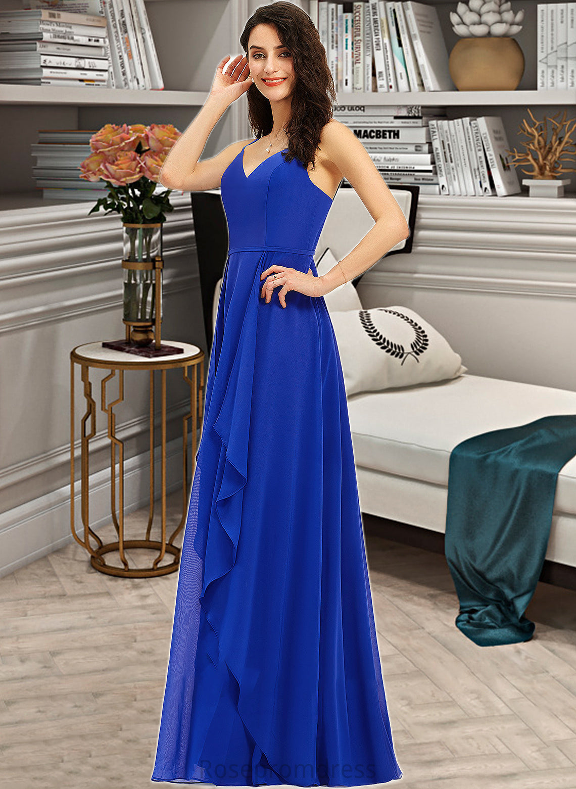 Miah A-Line V-neck Floor-Length Bridesmaid Dress With Ruffle SRSP0013233