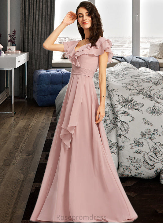 Sidney A-Line V-neck Floor-Length Bridesmaid Dress With Ruffle Split Front SRSP0013234