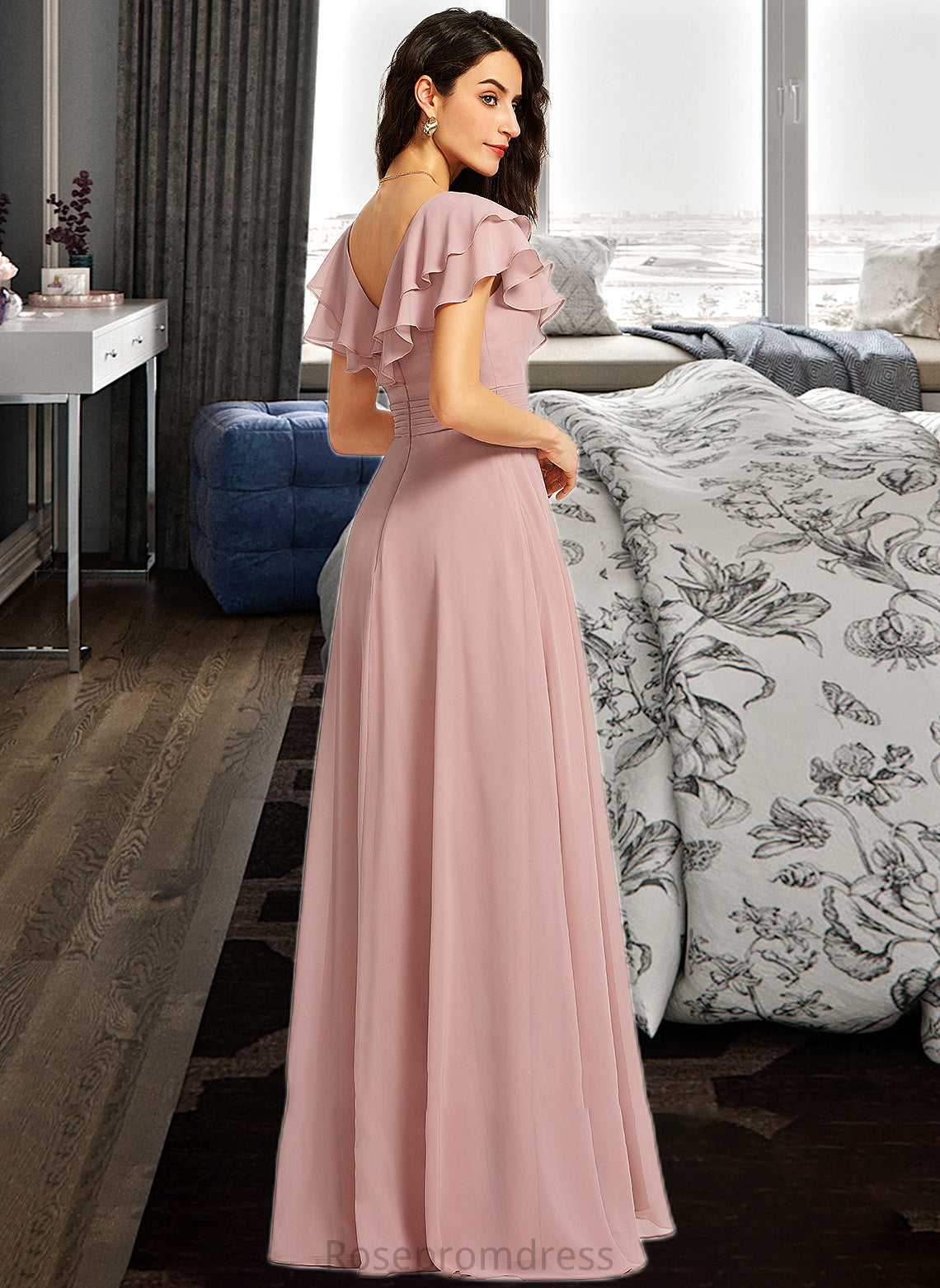 Sidney A-Line V-neck Floor-Length Bridesmaid Dress With Ruffle Split Front SRSP0013234