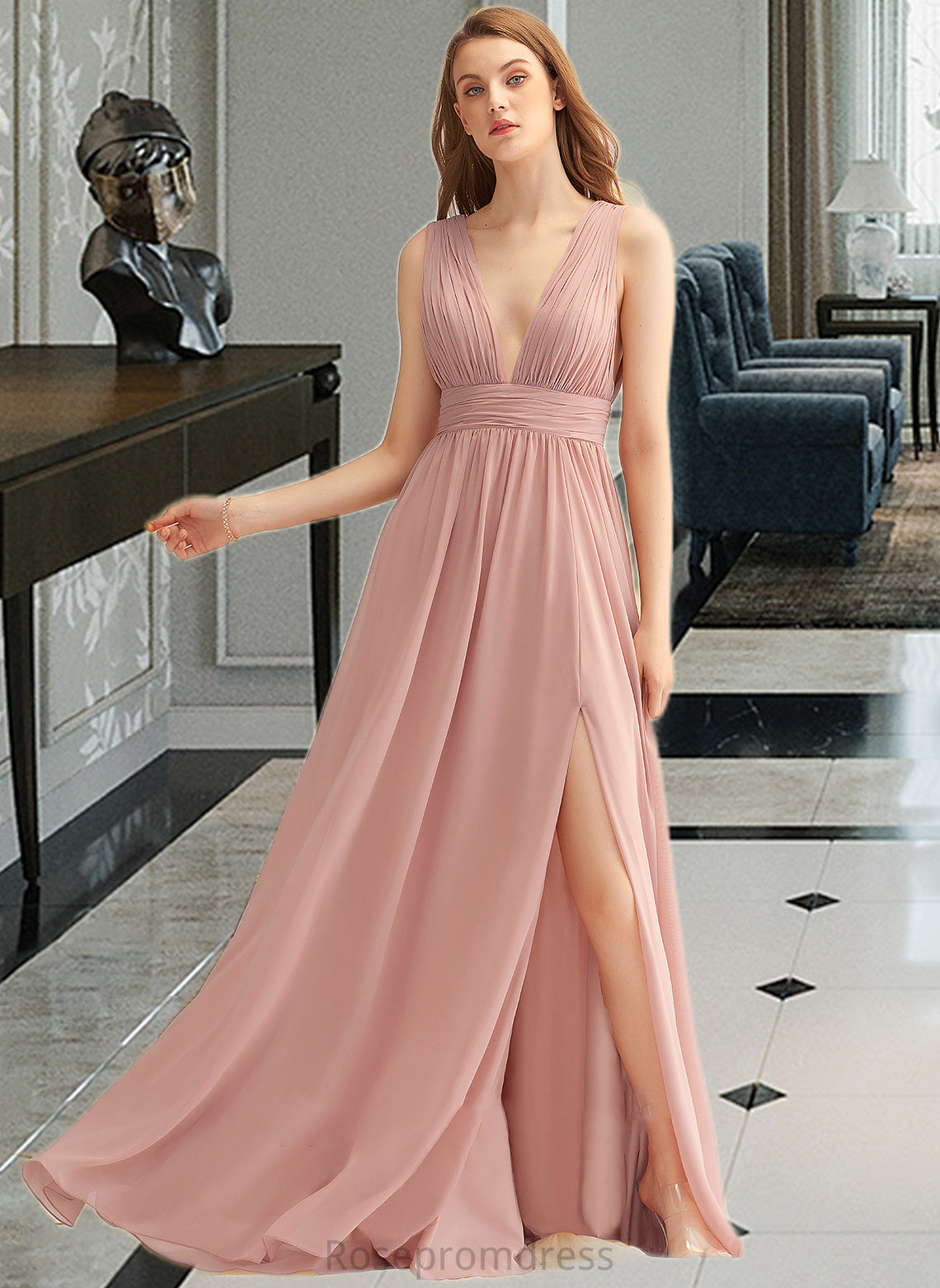 Kira A-LineV-neckFloor-LengthChiffonBridesmaidDressWithSplitFront#251361 SRSP0013235