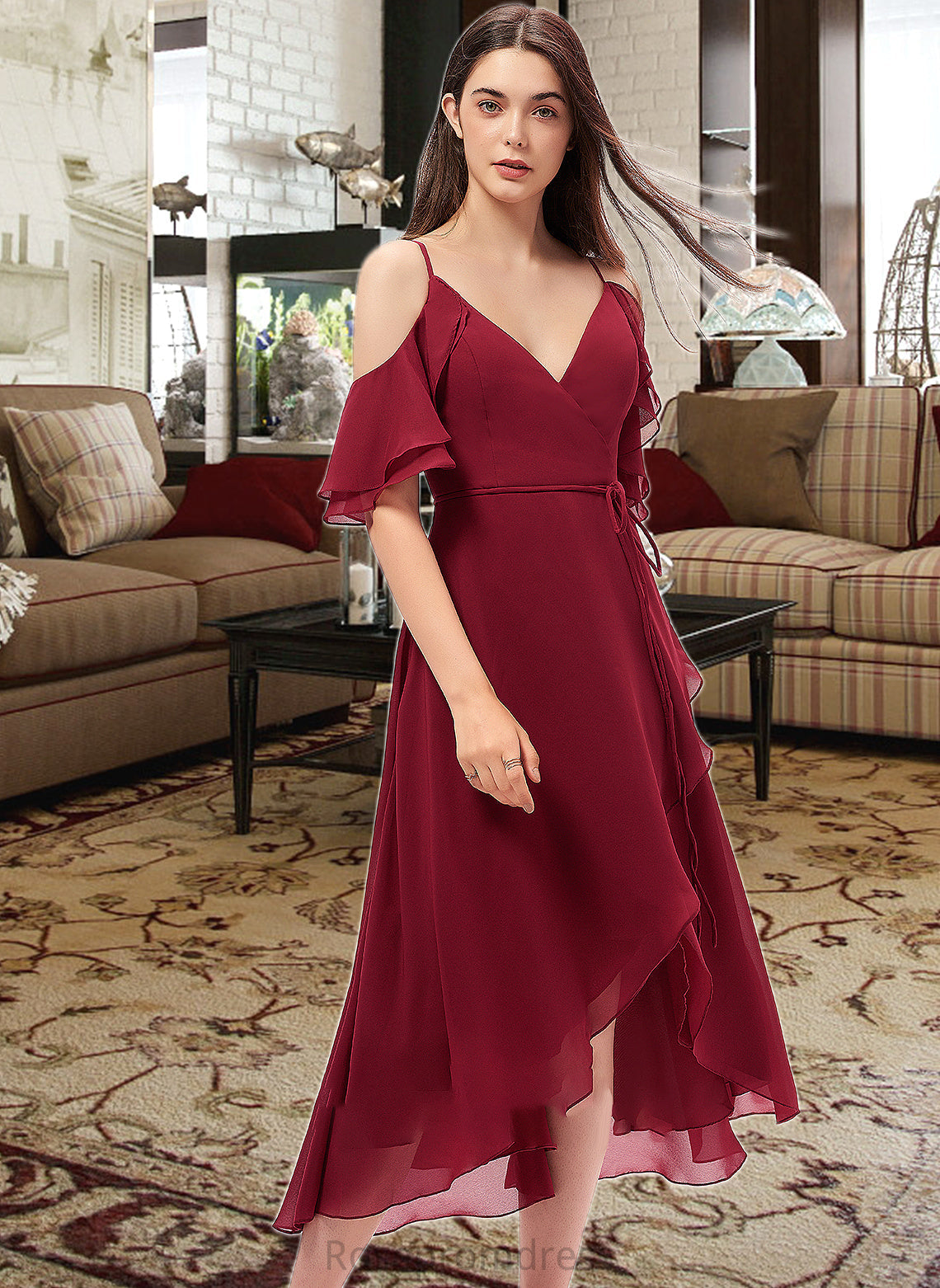 Tatiana A-Line V-neck Asymmetrical Chiffon Bridesmaid Dress With Cascading Ruffles SRSP0013236