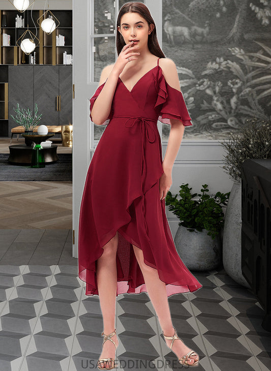 Jessica A-Line V-neck Asymmetrical Chiffon Bridesmaid Dress With Cascading Ruffles DSP0013236