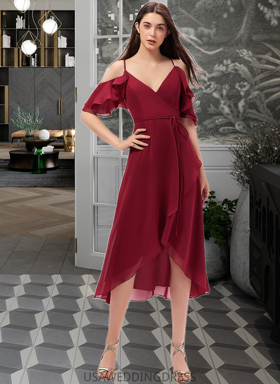 Jessica A-Line V-neck Asymmetrical Chiffon Bridesmaid Dress With Cascading Ruffles DSP0013236