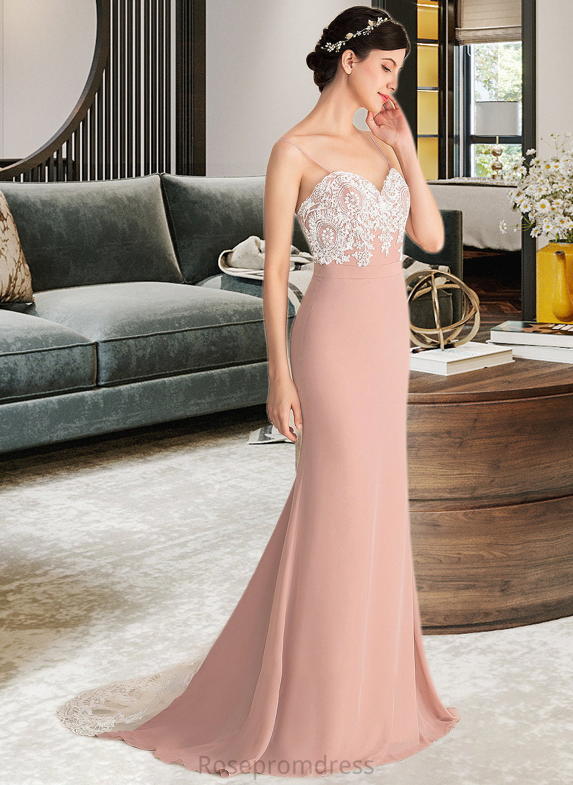 Kaydence Trumpet/Mermaid Sweetheart Sweep Train Chiffon Lace Bridesmaid Dress SRSP0013237