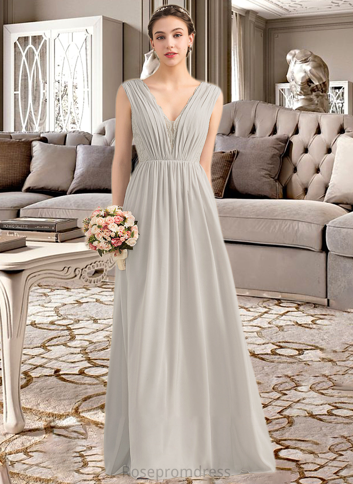 Karissa A-Line V-neck Floor-Length Chiffon Lace Bridesmaid Dress With Ruffle SRSP0013238