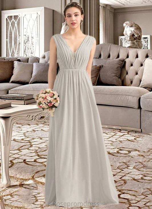 Karissa A-Line V-neck Floor-Length Chiffon Lace Bridesmaid Dress With Ruffle SRSP0013238