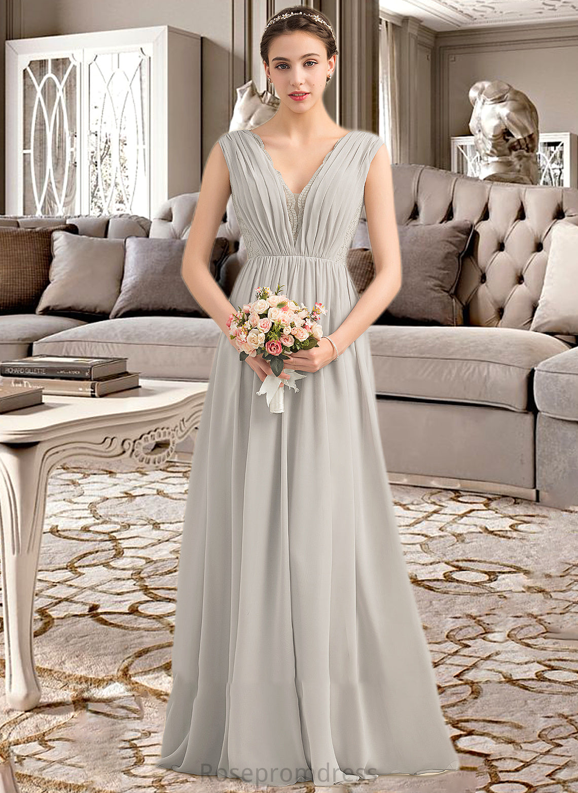 Karissa A-Line V-neck Floor-Length Chiffon Lace Bridesmaid Dress With Ruffle SRSP0013238
