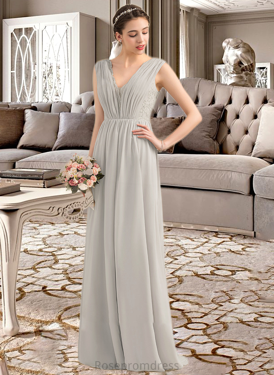 Karissa A-Line V-neck Floor-Length Chiffon Lace Bridesmaid Dress With Ruffle SRSP0013238