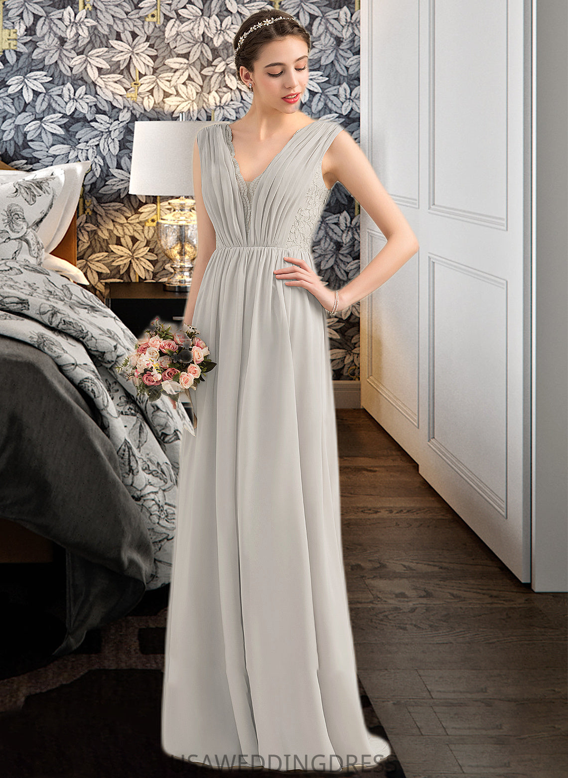Beryl A-Line V-neck Floor-Length Chiffon Lace Bridesmaid Dress With Ruffle DSP0013238