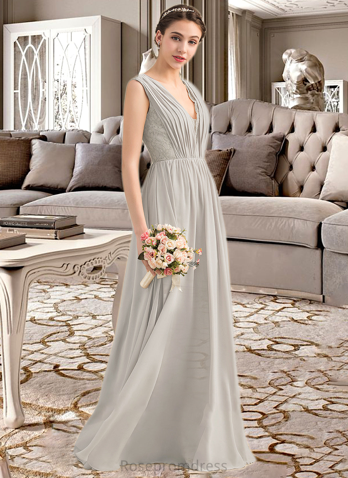 Karissa A-Line V-neck Floor-Length Chiffon Lace Bridesmaid Dress With Ruffle SRSP0013238