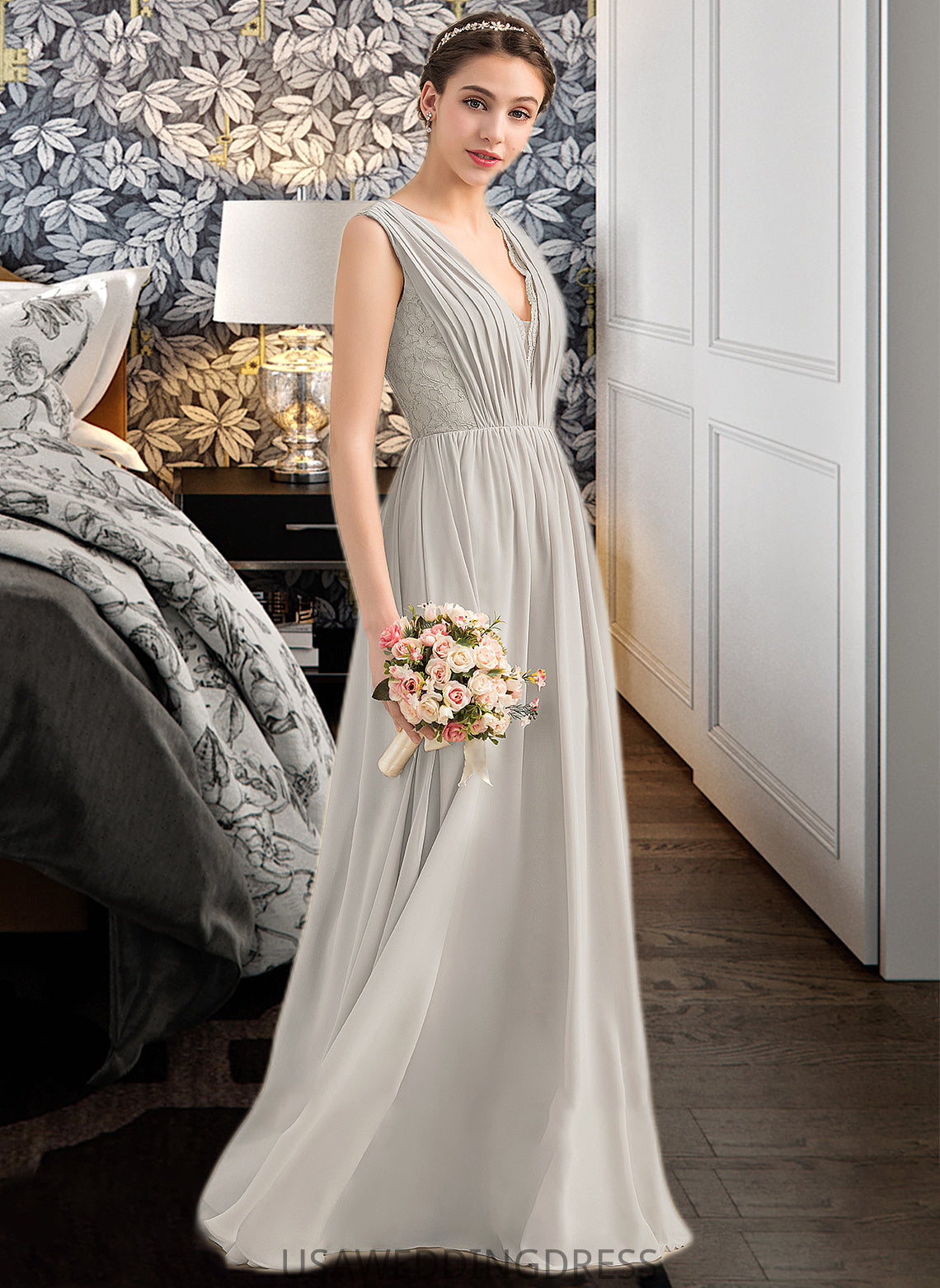Beryl A-Line V-neck Floor-Length Chiffon Lace Bridesmaid Dress With Ruffle DSP0013238