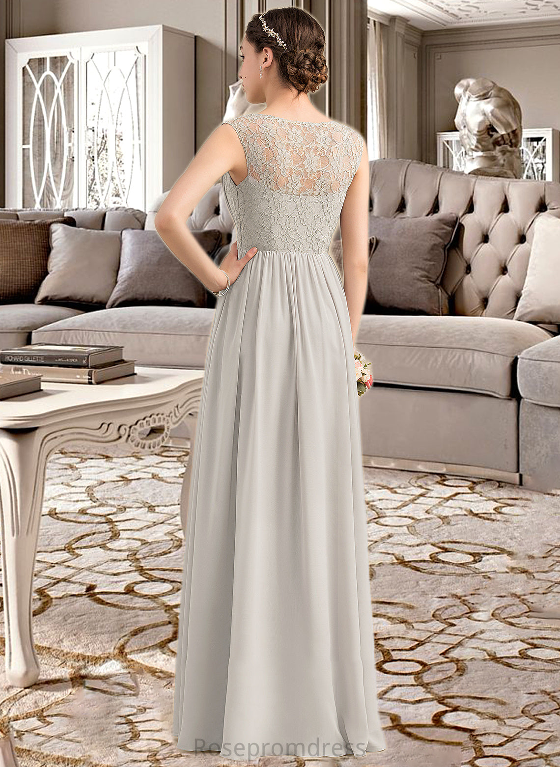 Karissa A-Line V-neck Floor-Length Chiffon Lace Bridesmaid Dress With Ruffle SRSP0013238