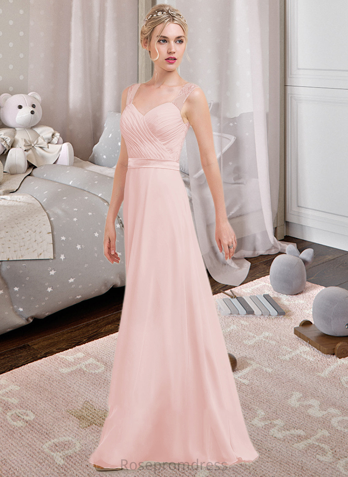 Amiah A-Line/Princess Sweetheart Floor-Length Chiffon Bridesmaid Dress With Ruffle SRSP0013239