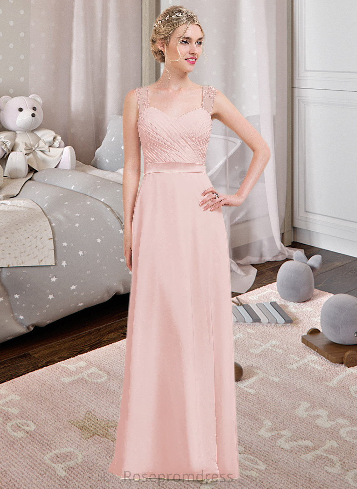 Amiah A-Line/Princess Sweetheart Floor-Length Chiffon Bridesmaid Dress With Ruffle SRSP0013239