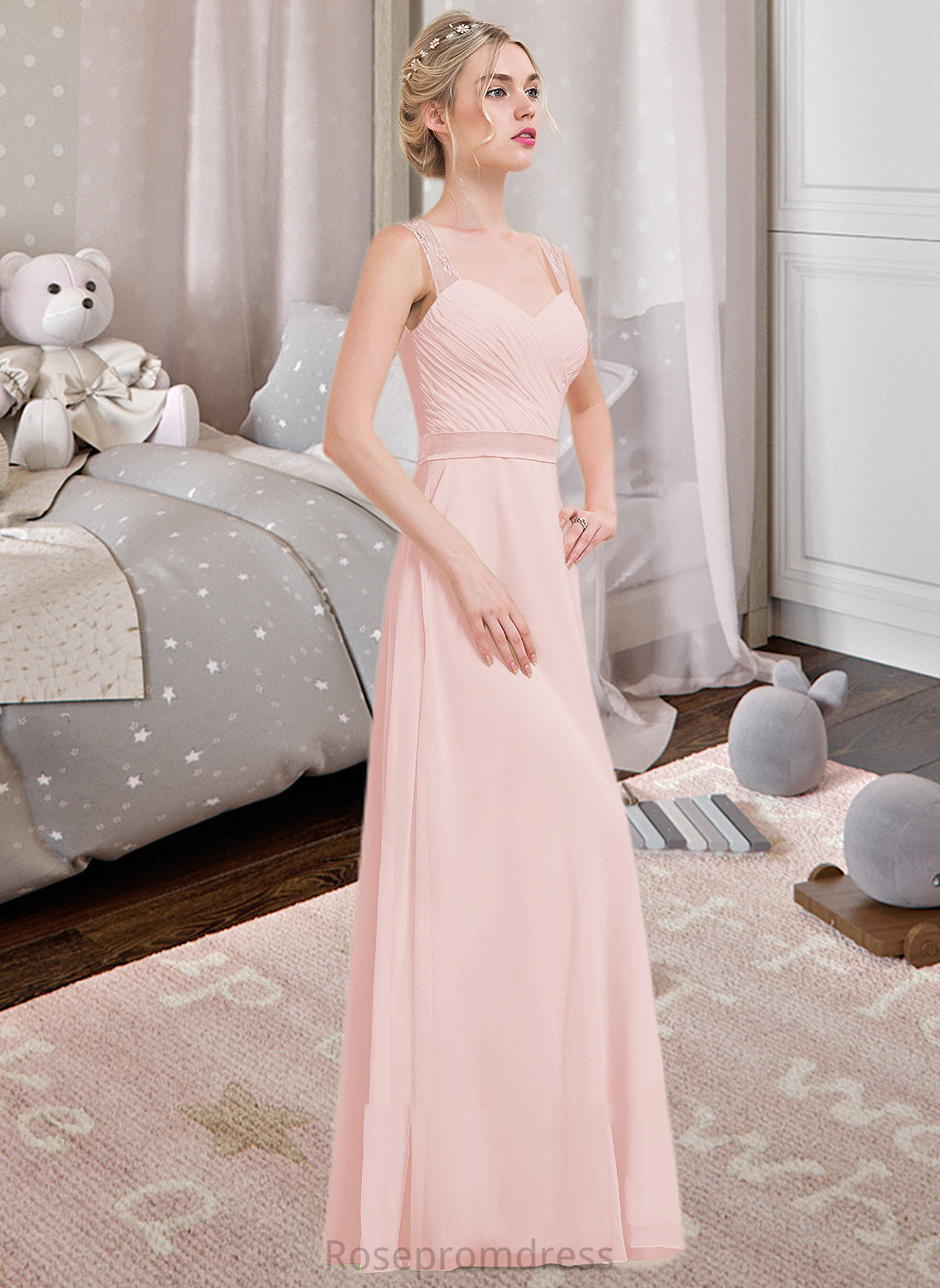 Amiah A-Line/Princess Sweetheart Floor-Length Chiffon Bridesmaid Dress With Ruffle SRSP0013239