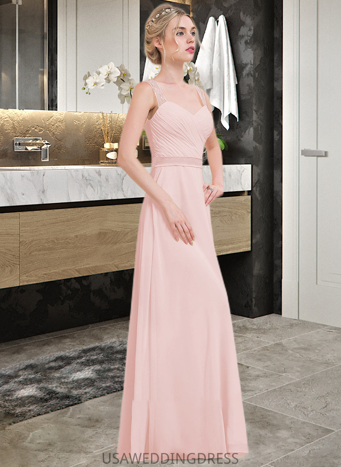 Jacqueline A-Line/Princess Sweetheart Floor-Length Chiffon Bridesmaid Dress With Ruffle DSP0013239