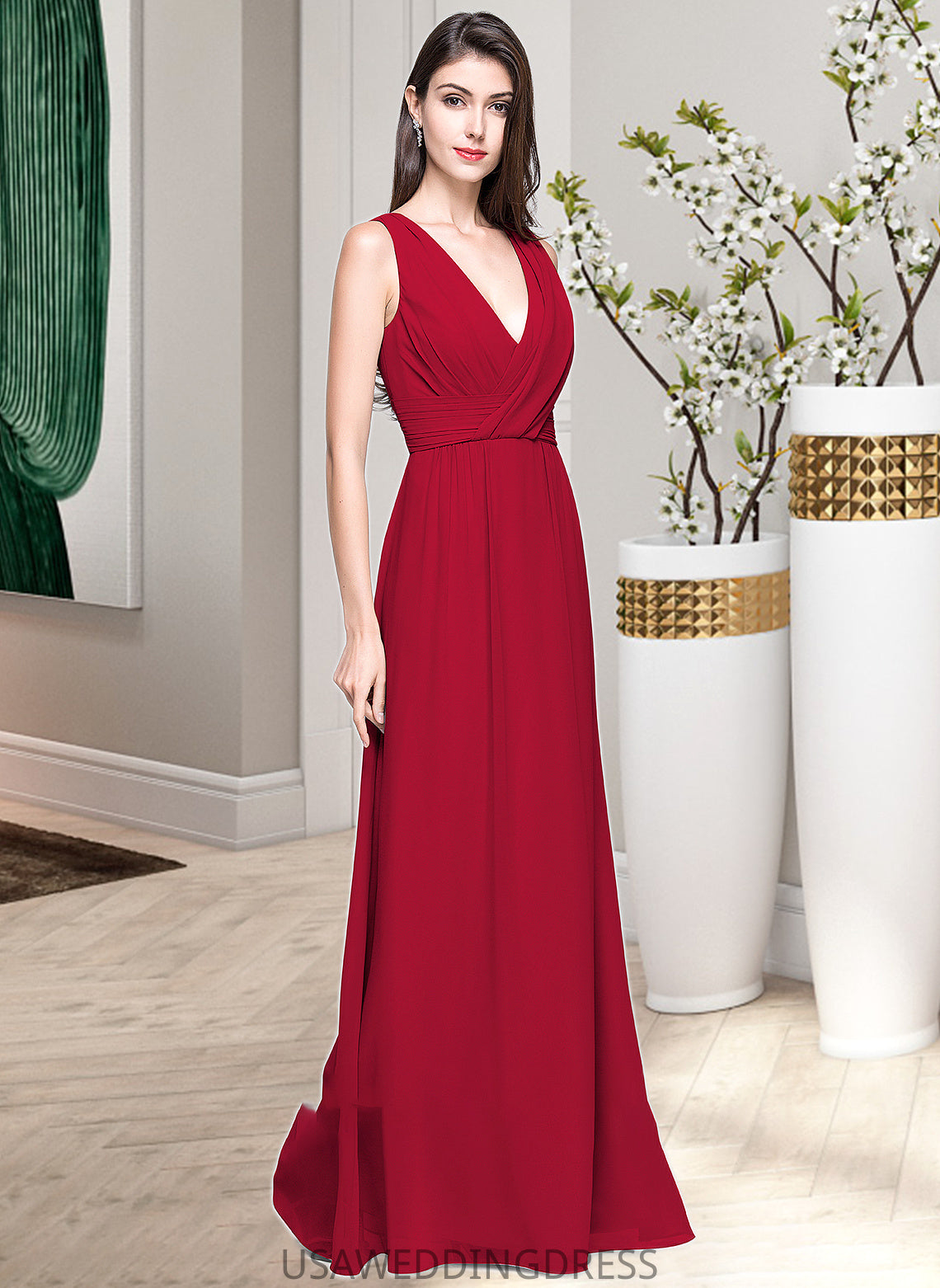 Camila A-line V-Neck Floor-Length Chiffon Bridesmaid Dress With Ruffle DSP0013240