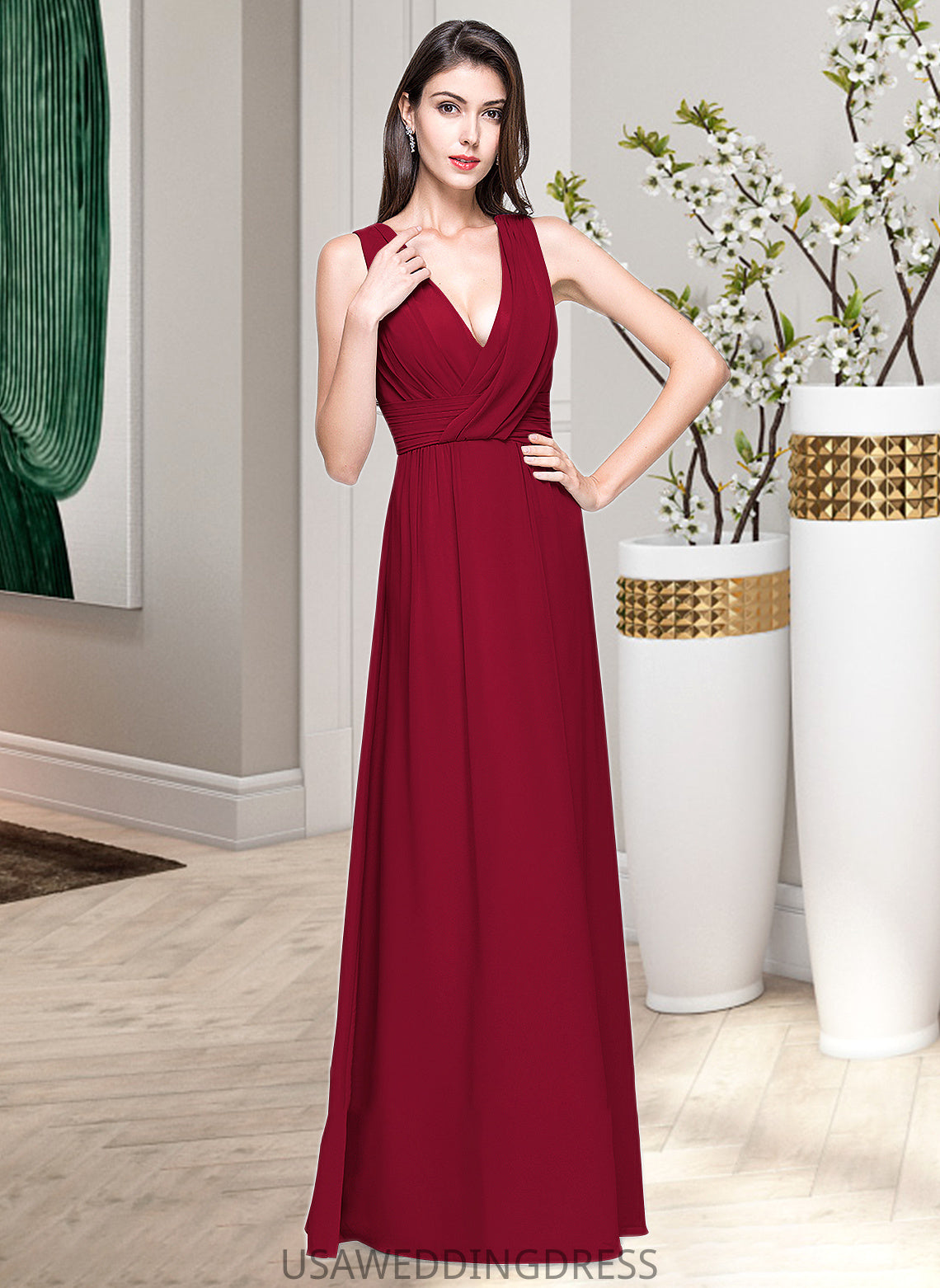 Camila A-line V-Neck Floor-Length Chiffon Bridesmaid Dress With Ruffle DSP0013240