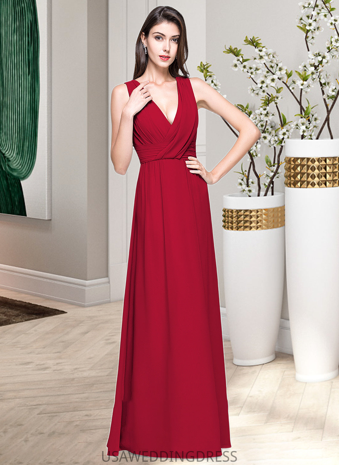 Camila A-line V-Neck Floor-Length Chiffon Bridesmaid Dress With Ruffle DSP0013240