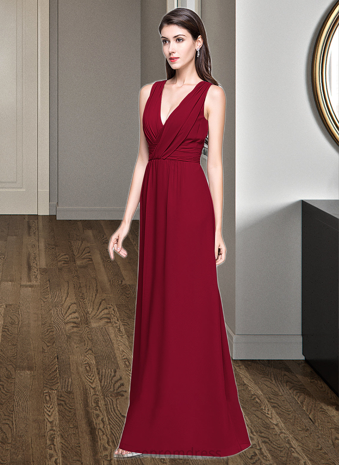 Amira A-line V-Neck Floor-Length Chiffon Bridesmaid Dress With Ruffle SRSP0013240