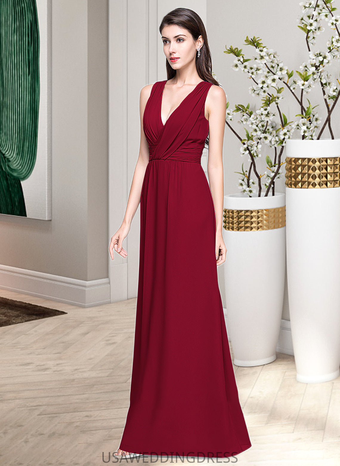 Camila A-line V-Neck Floor-Length Chiffon Bridesmaid Dress With Ruffle DSP0013240